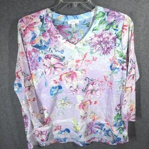 Concepts Women L Floral V Neck Top 3/4 Sleeve Lightweight Blouse Multicolor